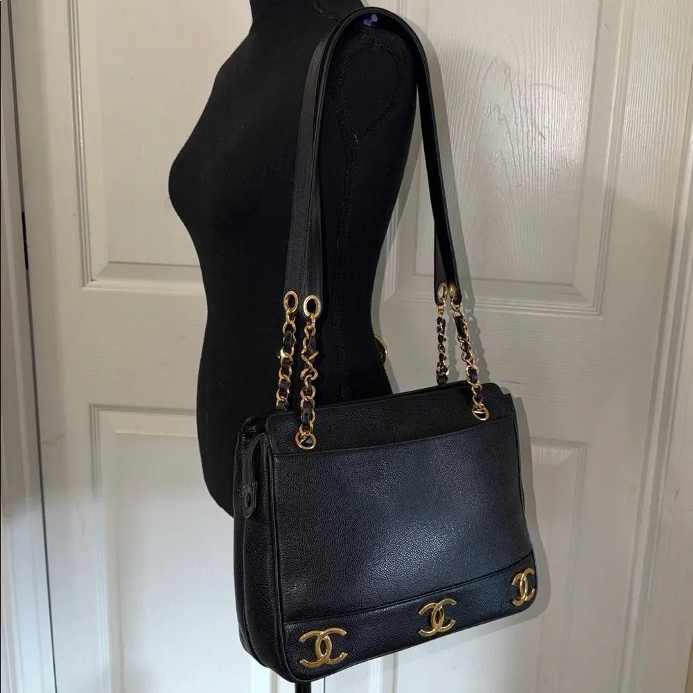 Authentic Chanel Triple CC Black/Gold Caviar Leather Chanel Shoulder Bag.